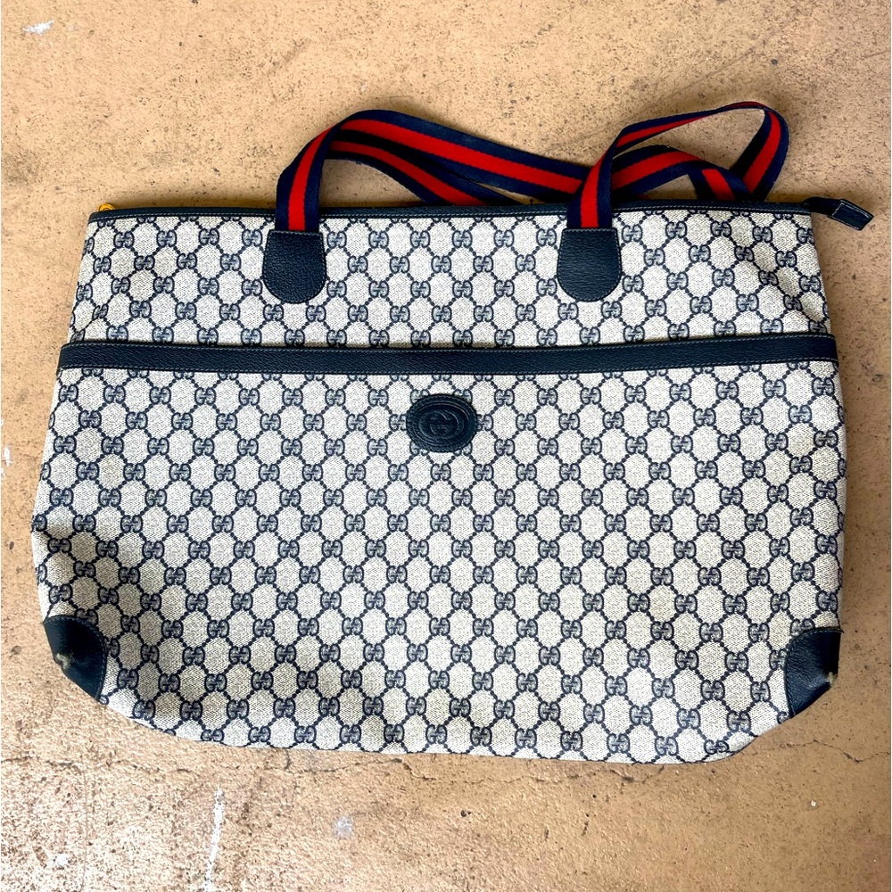 Large Vintage Gucci Tote Navy Blue Red Stripe Handle Gold Hardware Zip Double GG